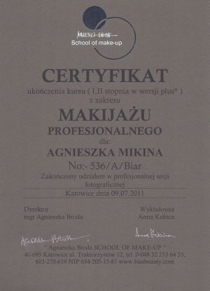 Certyfikat makijażu profesjonalnego - Agnieszka Broda School of make-up